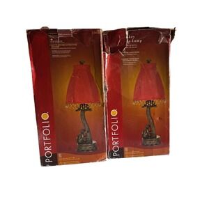 Set Of 2  27" Monkey Palm Tree Bronze Finished Hollywood Regency Red Shade